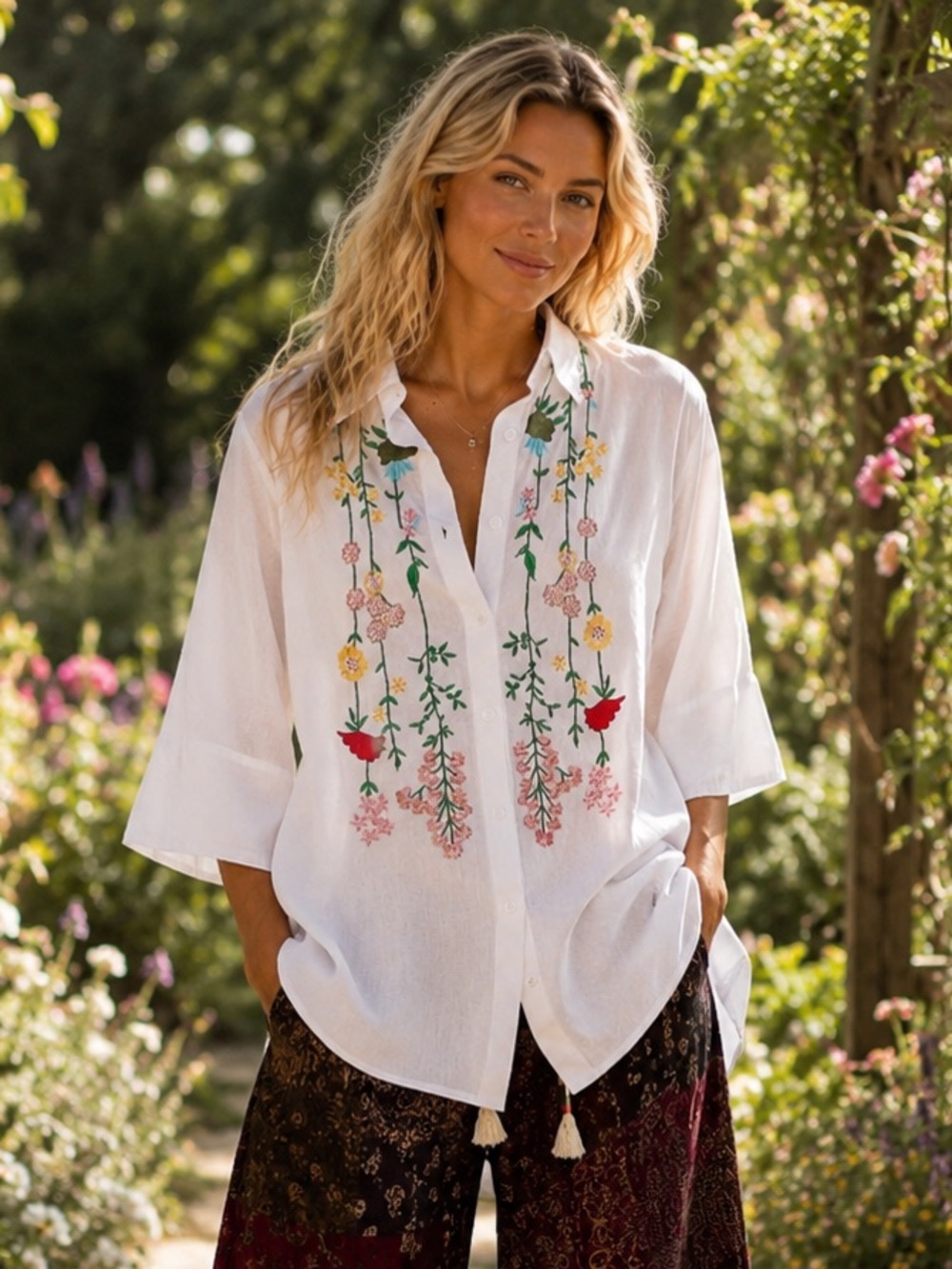 POL M White Embroidered Floral Button-Up Top